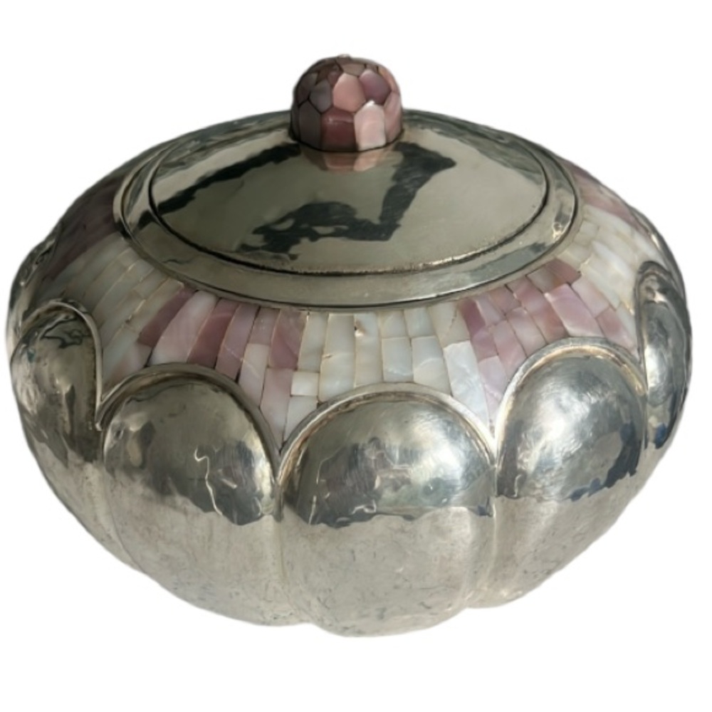 Los Castillo Silver Plated-Mother of Pearl Large Bowl with Lid